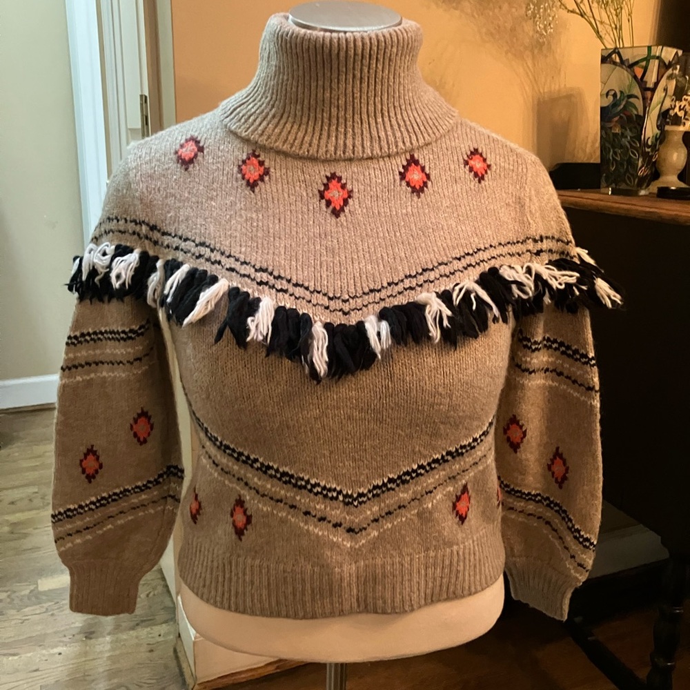 Lou & Grey Tan Turtleneck Sweater with Red and Black Accents